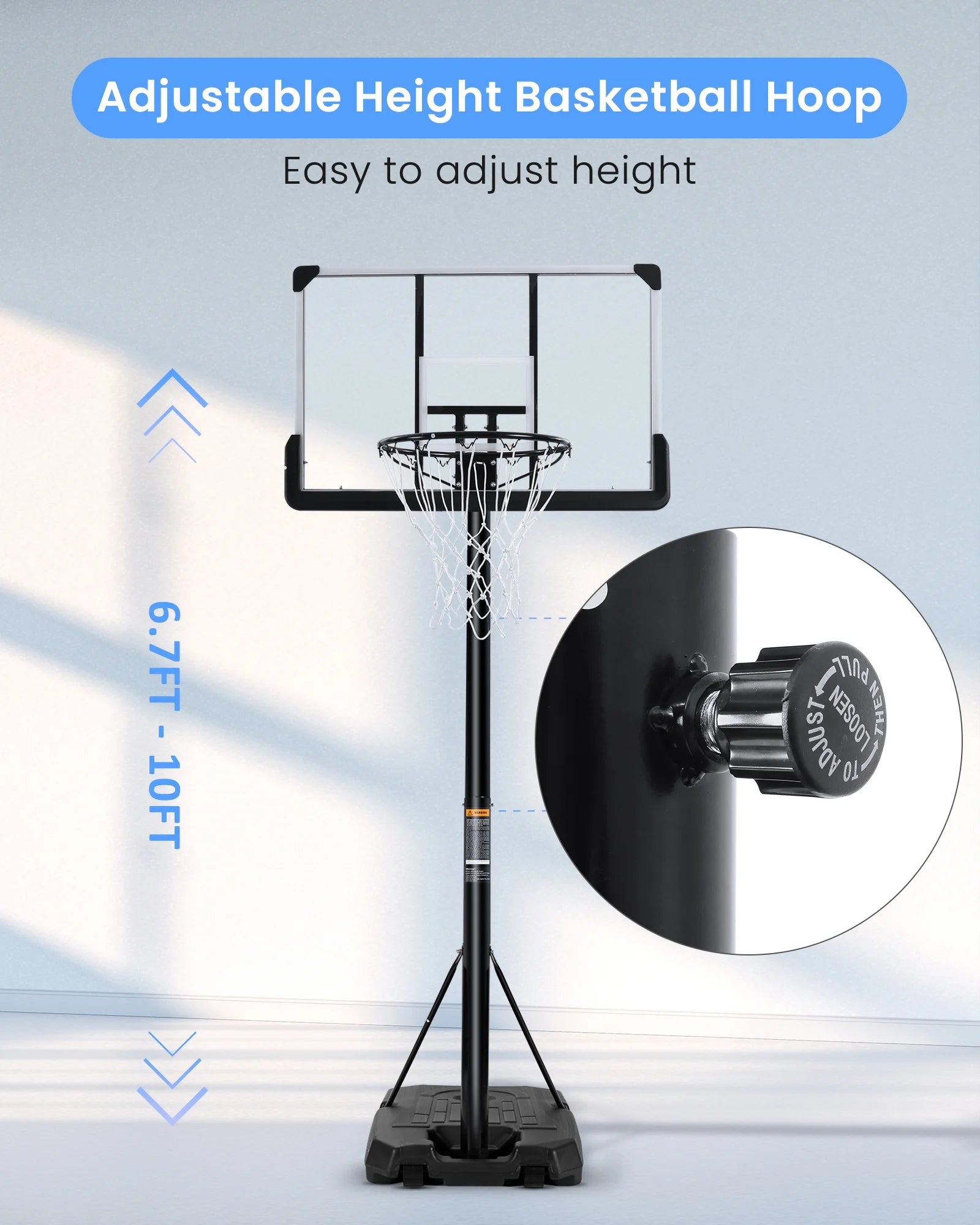 Portable Basketball Hoop Goal Basketball Hoop System Height Adjustable 7 Ft. 6 In..10 Ft. with 44 Inch Indoor Outdoor PVC Backboard Material